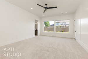 Empty room with carpet, ceiling fan, recessed lighting, and baseboards
