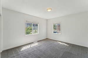 Unfurnished room with visible vents, carpet, baseboards, and a healthy amount of sunlight