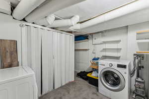 Laundry room featuring electric panel, carpet floors, laundry area, and washer and clothes dryer