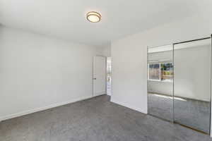 Unfurnished bedroom featuring a closet, carpet, baseboards, and multiple windows