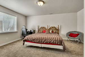 Carpeted bedroom with a textured ceiling and baseboards