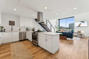Kitchen featuring stainless steel appliances, island exhaust hood, a sink, a peninsula, and light countertops