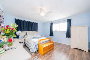 Bedroom with wood finished floors, baseboards, and a ceiling fan