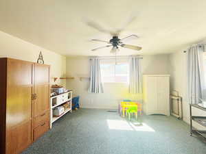 Rec room with a ceiling fan and carpet flooring