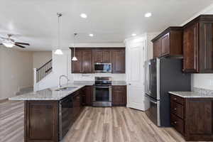 Kitchen with appliances with stainless steel finishes, a sink, a peninsula, light wood finished floors, and recessed lighting