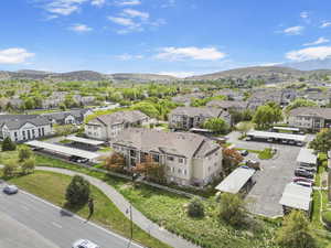 Aerial perspective of suburban area with mountains