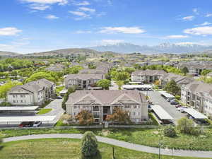 Aerial view of residential area with a mountainous background