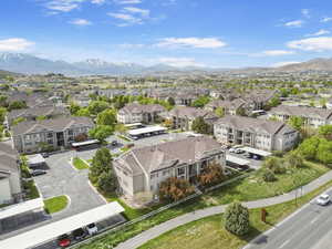 Aerial view of residential area with mountains
