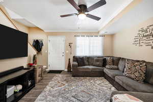 Living area featuring crown molding, a ceiling fan