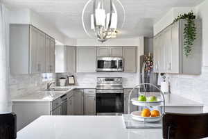 Kitchen with gray cabinetry, stainless steel appliances, a sink, a chandelier, and backsplash