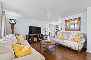 Living room featuring wood-type flooring and a textured ceiling