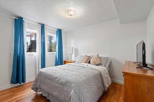 Bedroom featuring wood finished floors, a textured ceiling, and baseboards