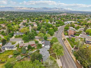 Aerial perspective of suburban area with mountains