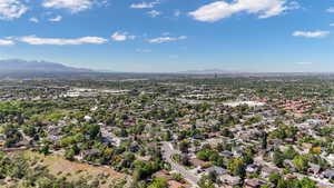 Aerial perspective of suburban area with mountains