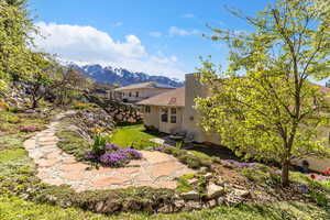 View of yard with a patio and a mountain view
