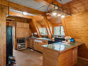 Kitchen featuring appliances with stainless steel finishes, tile counters, a sink, wood walls, and wooden ceiling