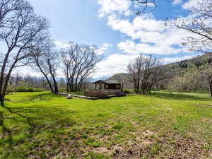 View of grassy yard with a deck