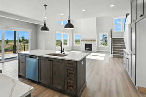 Kitchen featuring dishwasher, an island with sink, healthy amount of natural light, recessed lighting, and light wood finished floors