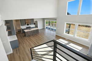 Living room featuring a high ceiling and dark wood-style flooring