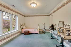 Bedroom featuring carpet floors, crown molding, a textured ceiling, and baseboards