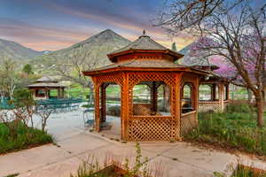 Back yard with 2 gazebo's and view of the mountain.