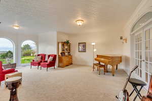 Living area featuring light colored carpet, french doors, a textured ceiling, ornamental molding, and baseboards
