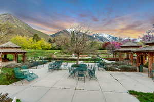 View of patio featuring a gazebo and a mountain view