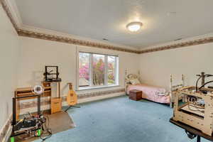 Carpeted bedroom featuring ornamental molding and baseboards