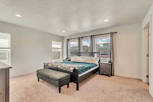 Bedroom with light colored carpet, baseboards, a textured ceiling, and recessed lighting
