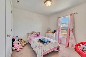 Bedroom with light colored carpet, baseboards, and a textured ceiling