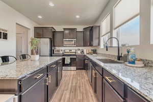 Kitchen featuring stainless steel appliances, a sink, light wood-style floors, a kitchen island, and light stone counters