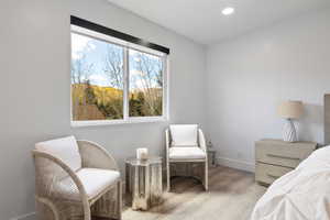 Living area with light wood-style flooring, recessed lighting, and baseboards