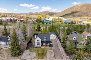 Aerial view of residential area with mountains