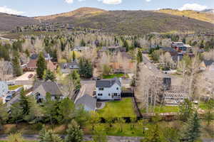 Aerial perspective of suburban area featuring a mountain backdrop