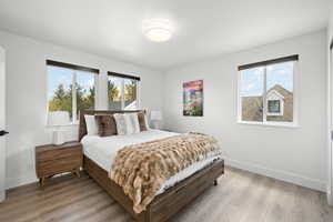 Bedroom featuring multiple windows, baseboards, and light wood-type flooring