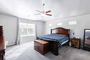 Primary bedroom with baseboards, visible vents, carpet floors, and multiple windows