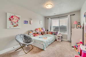 Bedroom with a textured ceiling, carpet, and baseboards