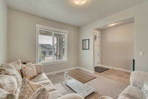 Living room with baseboards and light carpet