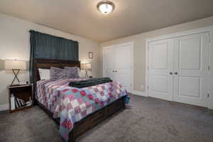 Bedroom with multiple closets, carpet, baseboards, and a textured ceiling