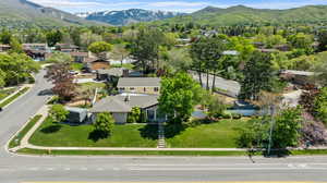 Aerial perspective of suburban area featuring a mountainous background