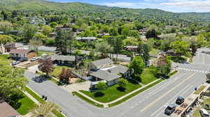 Aerial view of residential area with mountains