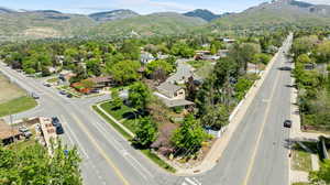 Aerial perspective of suburban area featuring mountains