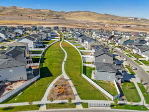 Aerial view of residential area with a mountain backdrop