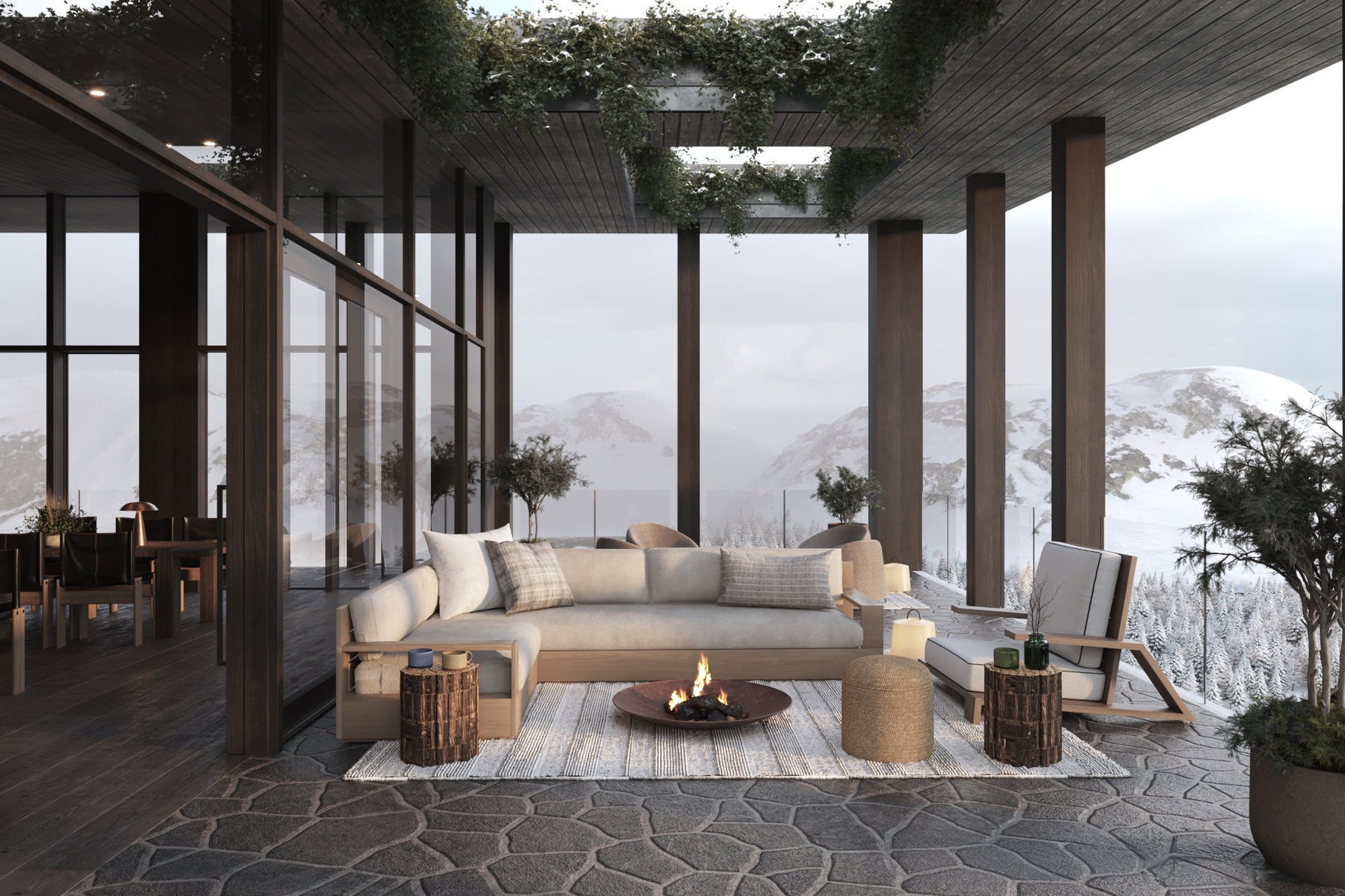 Living area featuring a mountain view, expansive windows, hardwood / wood-style floors, and plenty of natural light