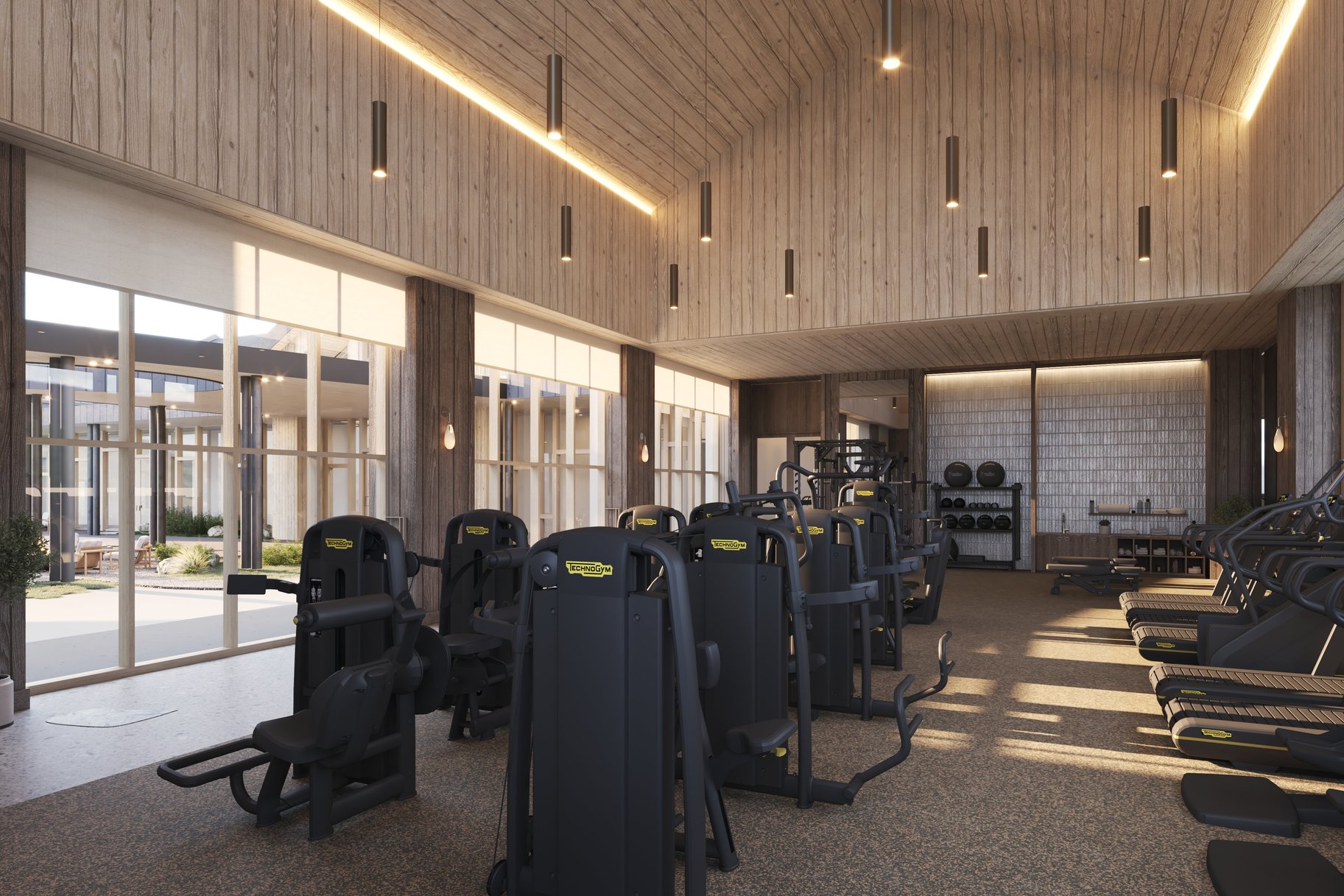 Workout area with high vaulted ceiling