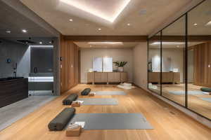 Workout room featuring wood finished floors and recessed lighting