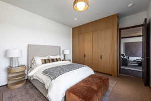 Bedroom featuring carpet flooring and a closet