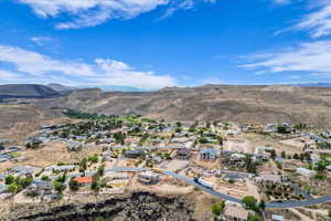 Aerial perspective of suburban area with mountains