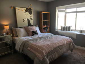 Carpeted bedroom featuring multiple windows