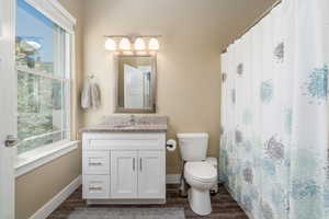 Bathroom with toilet, vanity, baseboards, and curtained shower